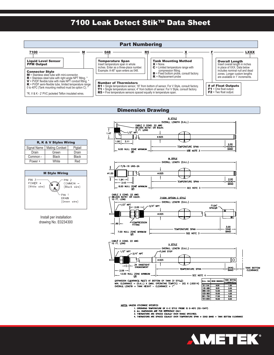 7100 leak detect stik™ data sheet, Dimension drawing, Part numbering | AMETEK 7100 Leak Detect Stik User Manual | Page 3 / 4