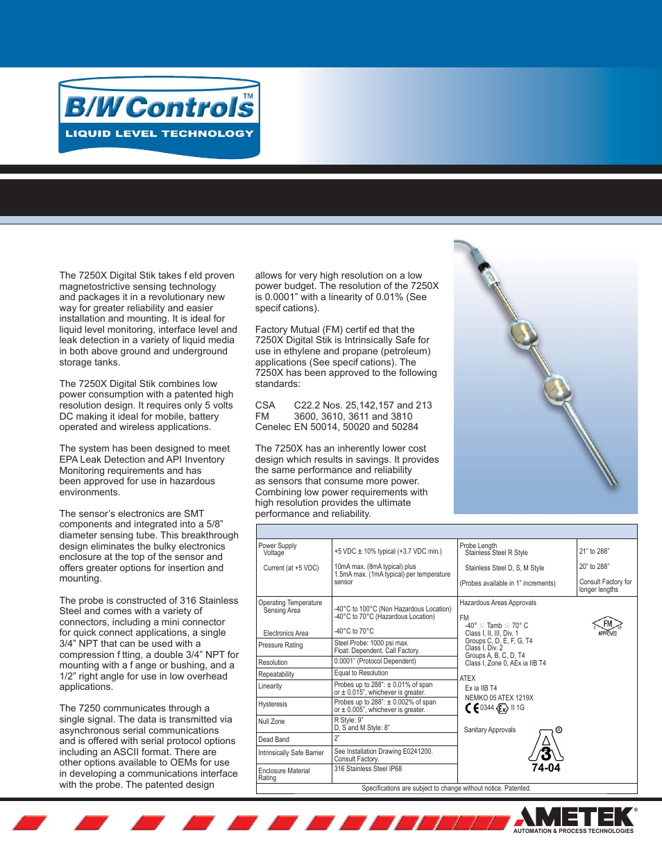 AMETEK 7250 Digital Stick User Manual | 2 pages