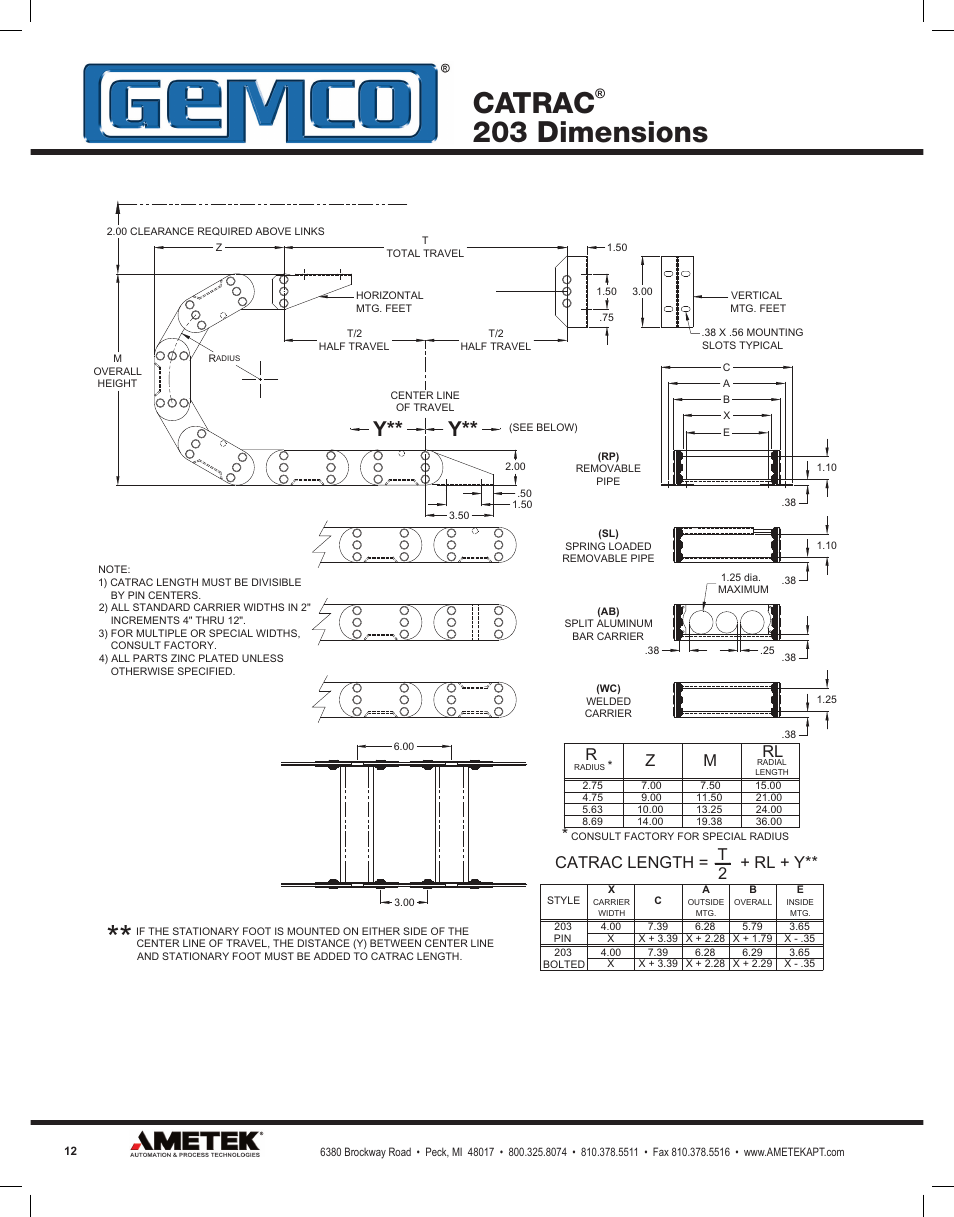 Catrac, 203 dimensions, Zm rl | Catrac length = + rl + y** t 2 | AMETEK Snaptrac User Manual | Page 12 / 32