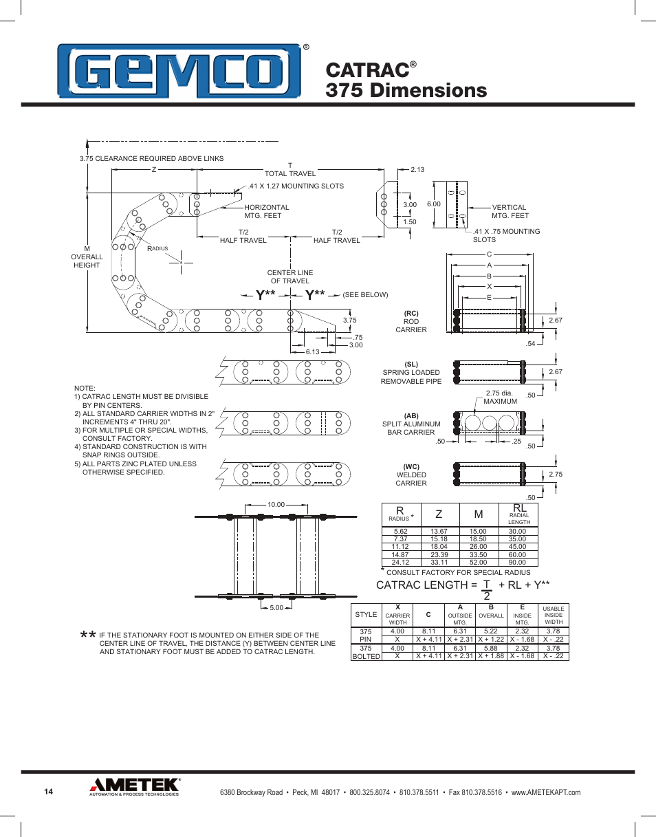 Catrac, 375 dimensions, 456 dimensions | Catrac length = + rl + y | AMETEK Snaptrac User Manual | Page 14 / 32