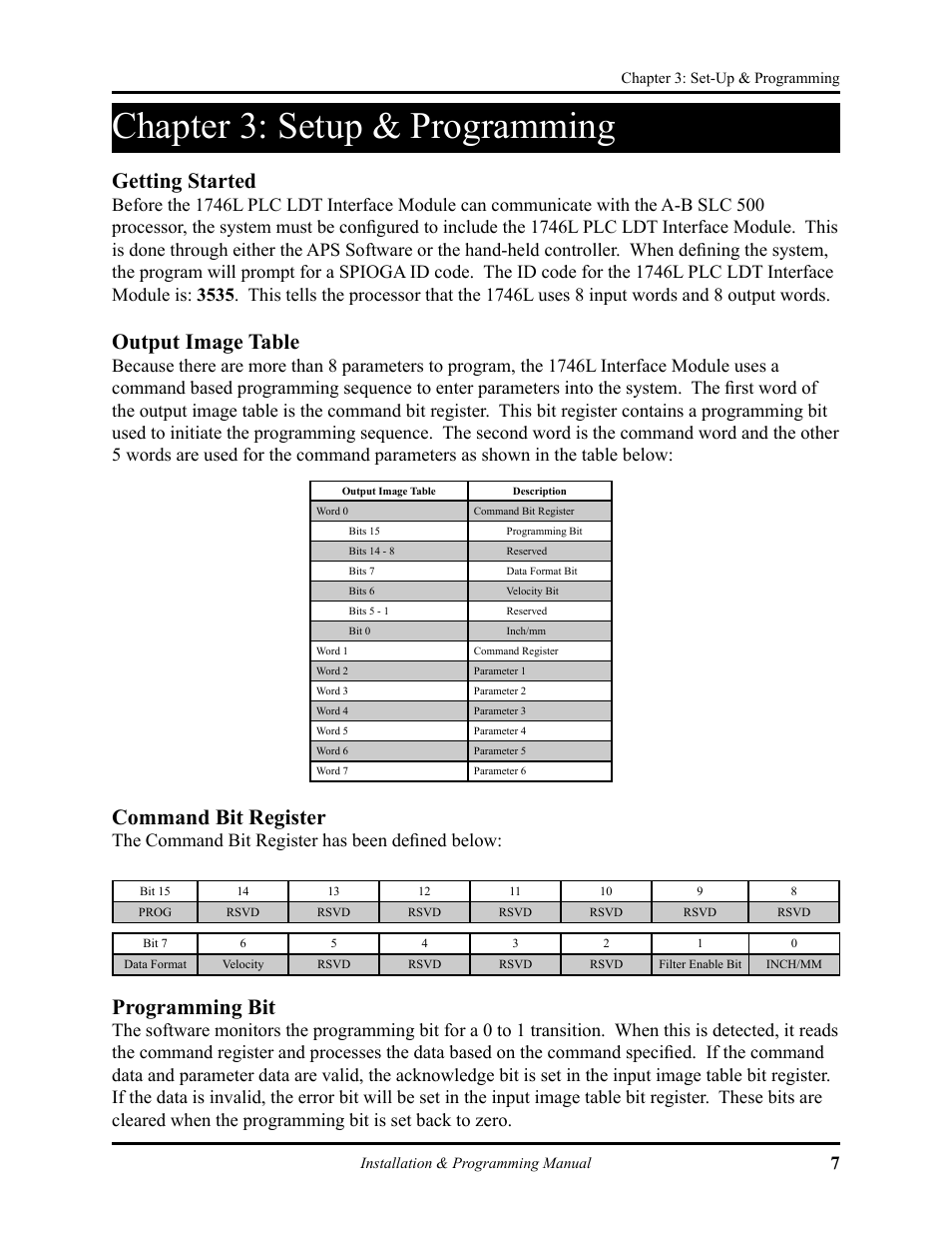 Chapter 3.pdf, Chapter 3: setup & programming, Getting started | Output image table, Command bit register, Programming bit, The command bit register has been deﬁned below | AMETEK 1746 LDT Interface Card User Manual | Page 11 / 24