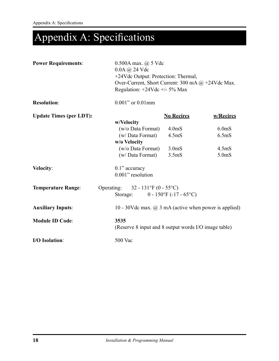 Appendix a.pdf, Appendix a: speciﬁcations | AMETEK 1746 LDT Interface Card User Manual | Page 22 / 24