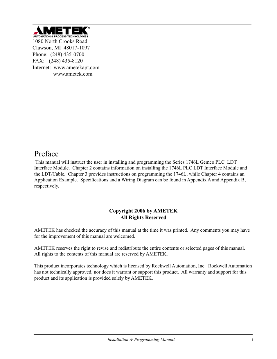 Preface.pdf, Preface | AMETEK 1746 LDT Interface Card User Manual | Page 3 / 24