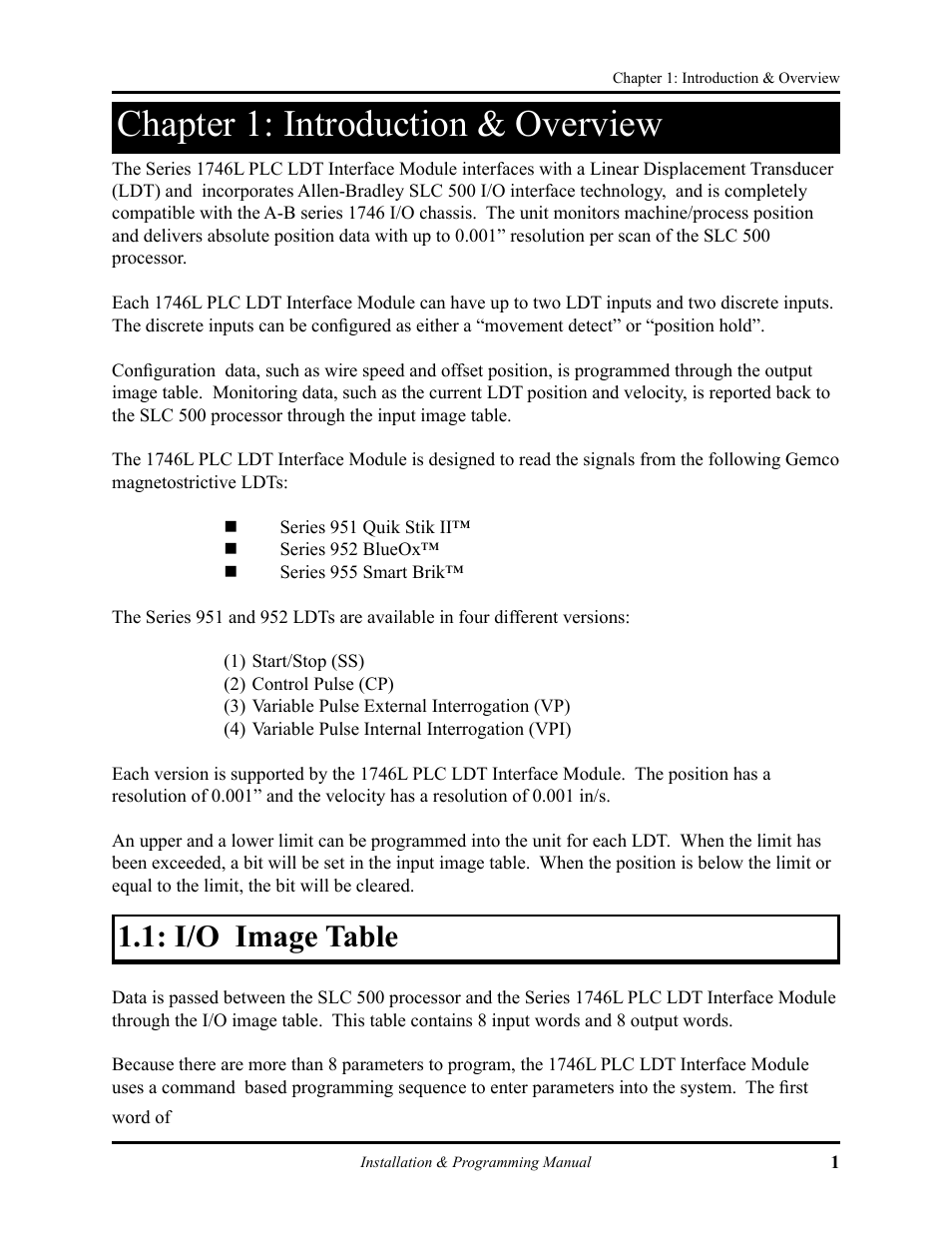 Chapter one.pdf, Chapter 1: introduction & overview, I/o image table | AMETEK 1746 LDT Interface Card User Manual | Page 5 / 24