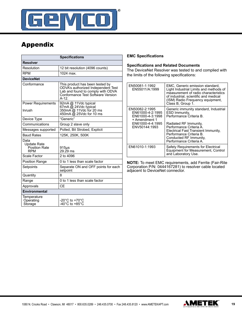 Appendix | AMETEK 1990 DN DeviceNet Resolver Interface Module User Manual | Page 19 / 20