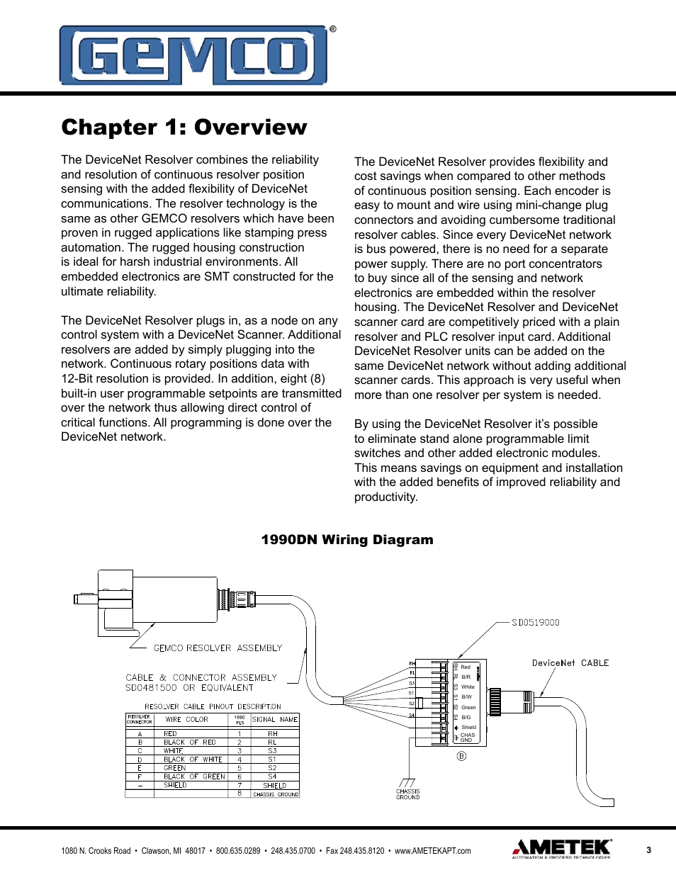 Chapter 1: overview, 1990dn wiring diagram | AMETEK 1990 DN DeviceNet Resolver Interface Module User Manual | Page 3 / 20