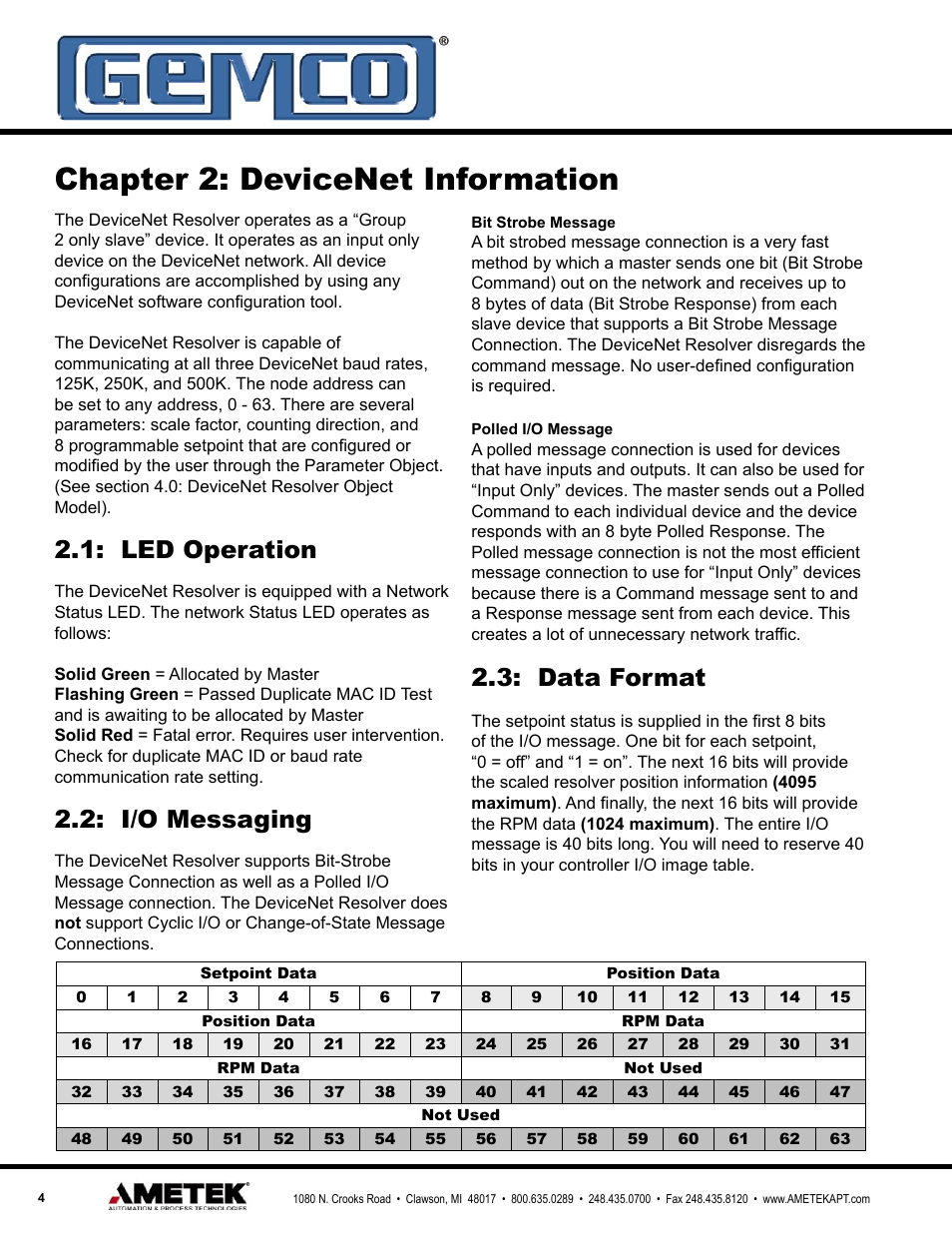 Chapter 2: devicenet information, Led operation, I/o messaging | Data format | AMETEK 1990 DN DeviceNet Resolver Interface Module User Manual | Page 4 / 20