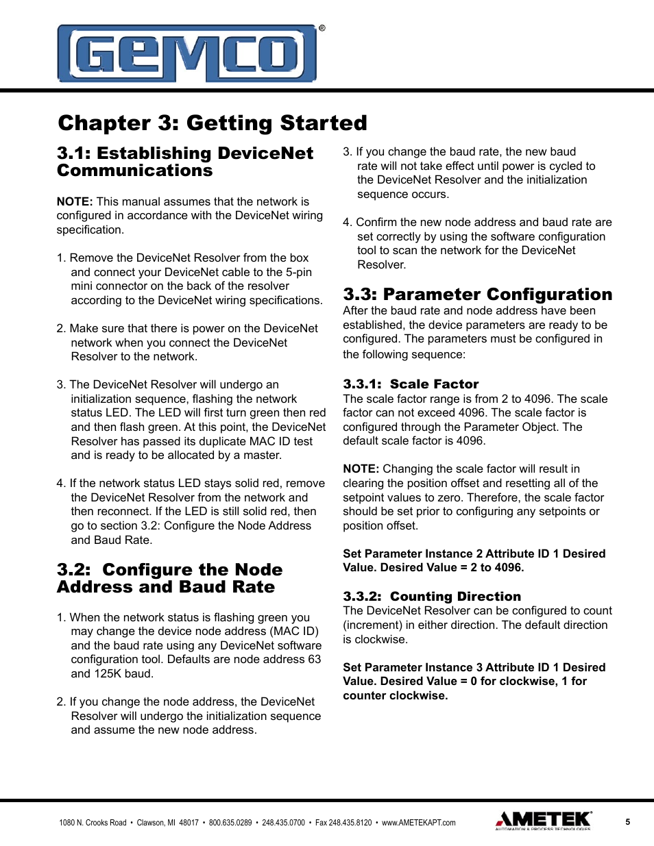 Chapter 3: getting started, Establishing devicenet communications, Configure the node address and baud rate | Parameter configuration | AMETEK 1990 DN DeviceNet Resolver Interface Module User Manual | Page 5 / 20