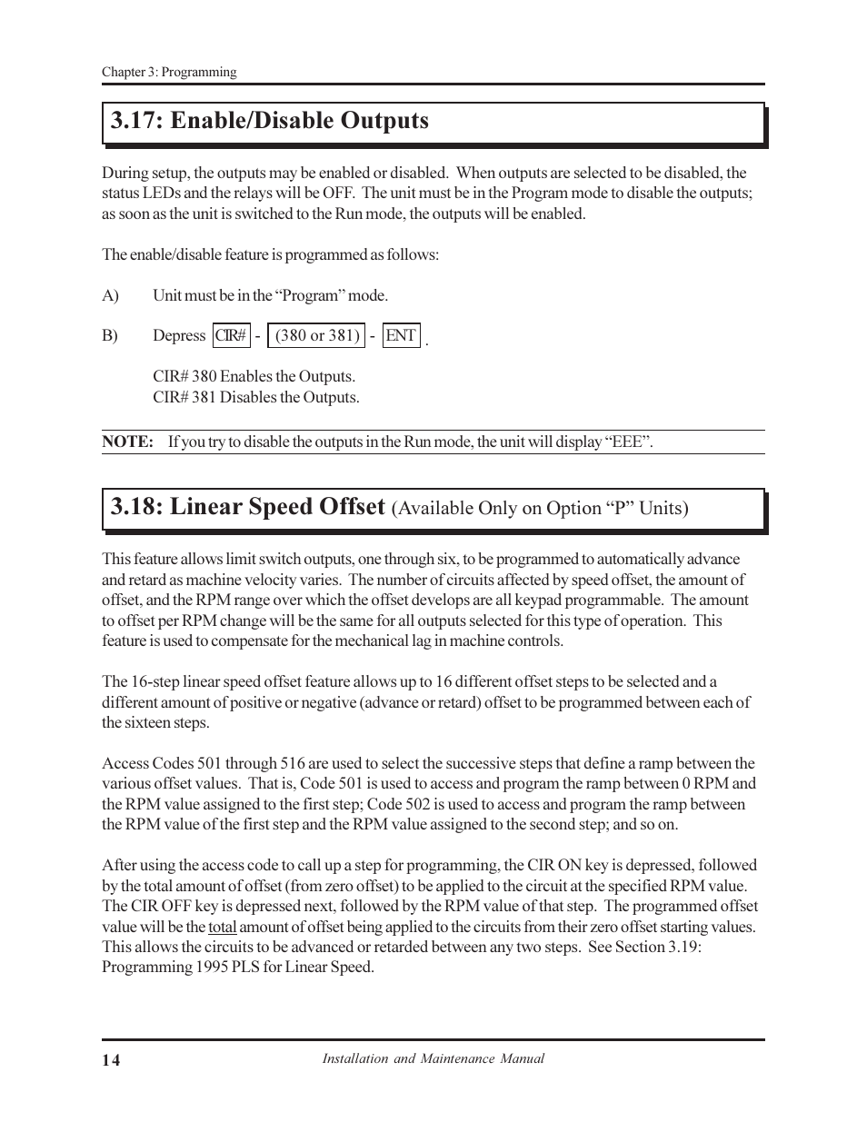 Enable/disable outputs, Linear speed offset | AMETEK 1995A Micro-Set PLS User Manual | Page 18 / 38