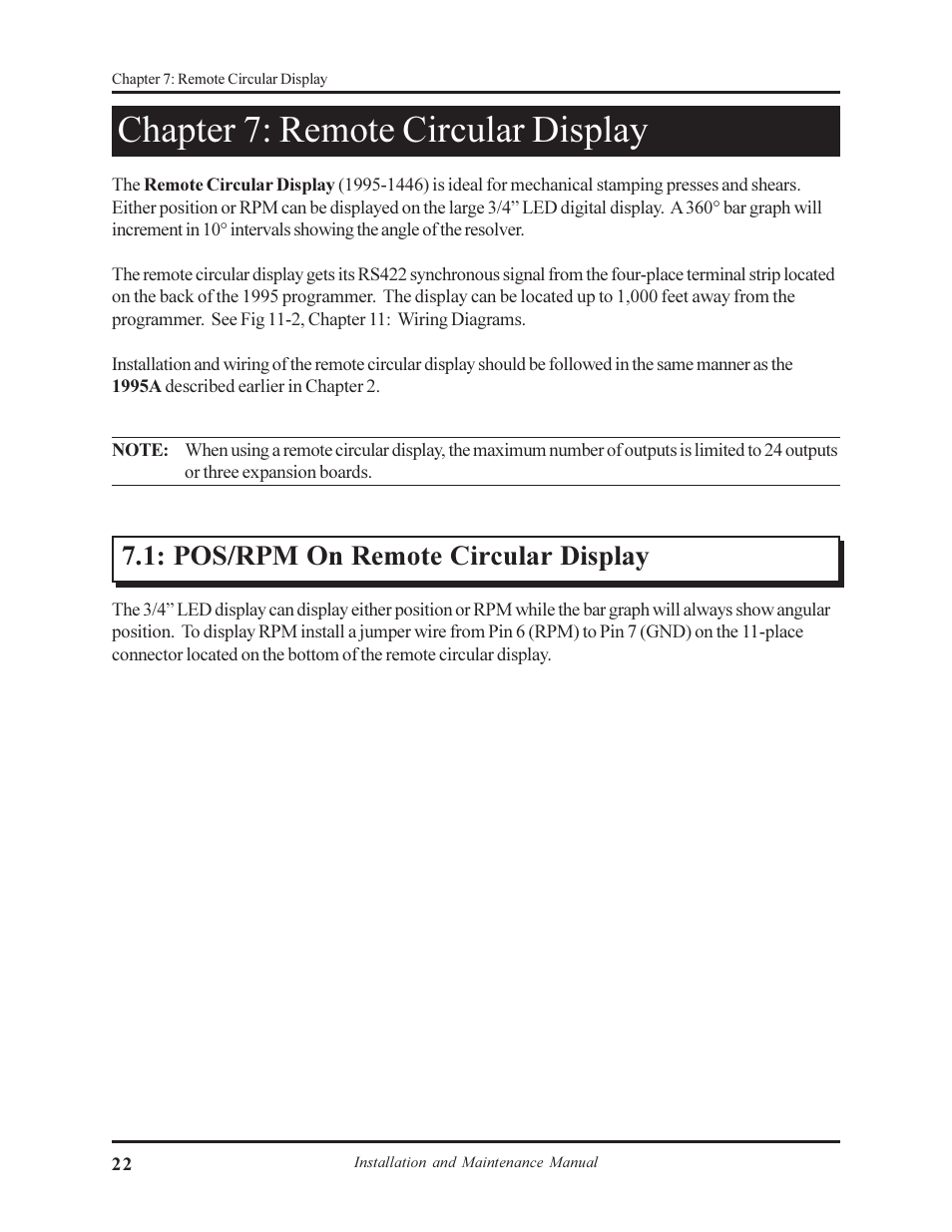 Chapter 7: remote circular display, Pos/rpm on remote circular display | AMETEK 1995A Micro-Set PLS User Manual | Page 26 / 38