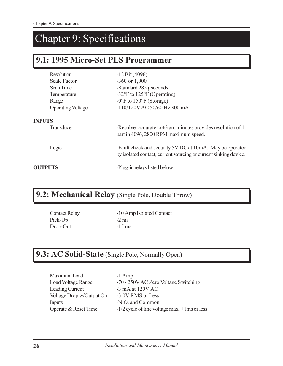 Chapter 9: specifications, Ac solid-state | AMETEK 1995A Micro-Set PLS User Manual | Page 30 / 38