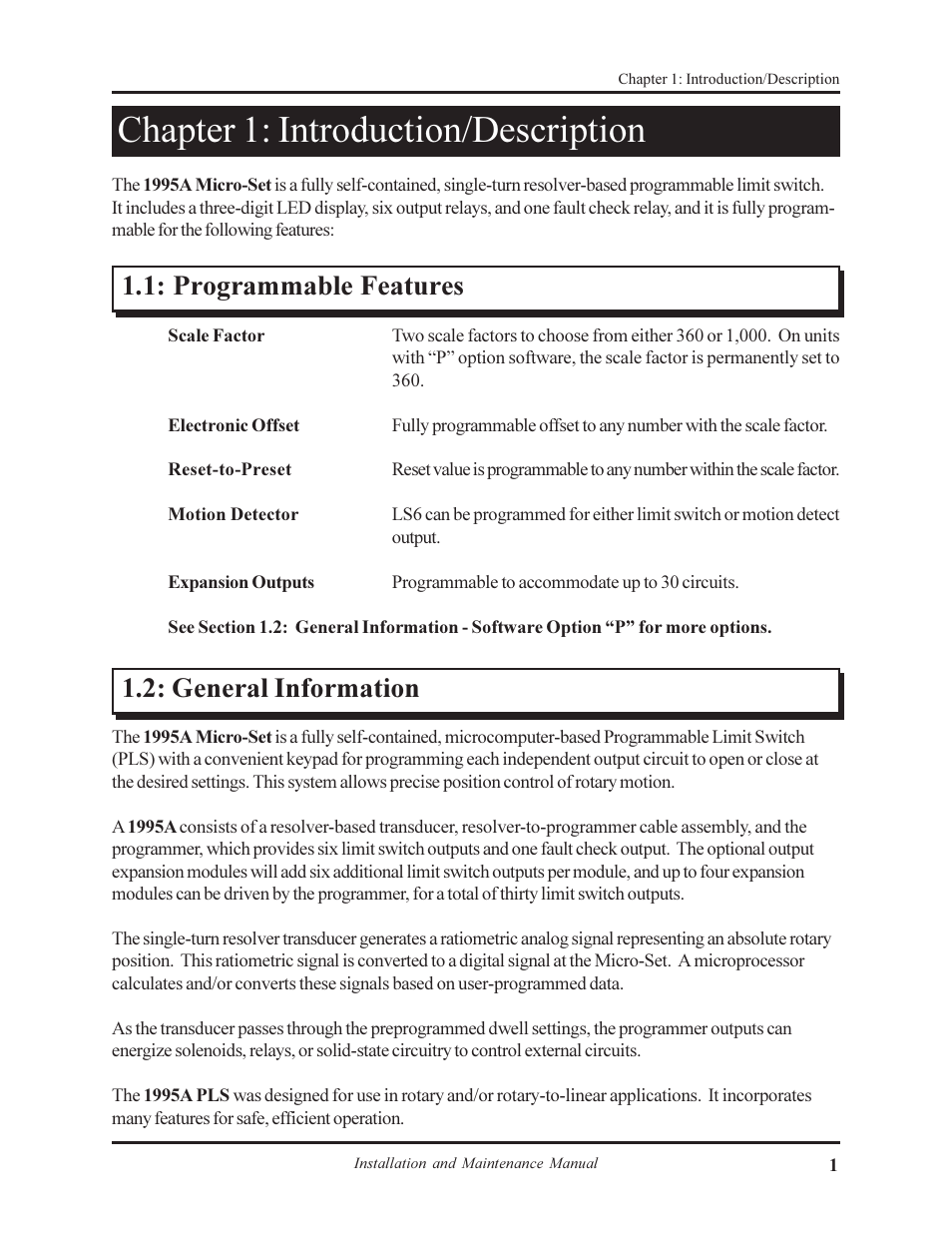 Chapter 1: introduction/description, Programmable features 1.2: general information | AMETEK 1995A Micro-Set PLS User Manual | Page 5 / 38