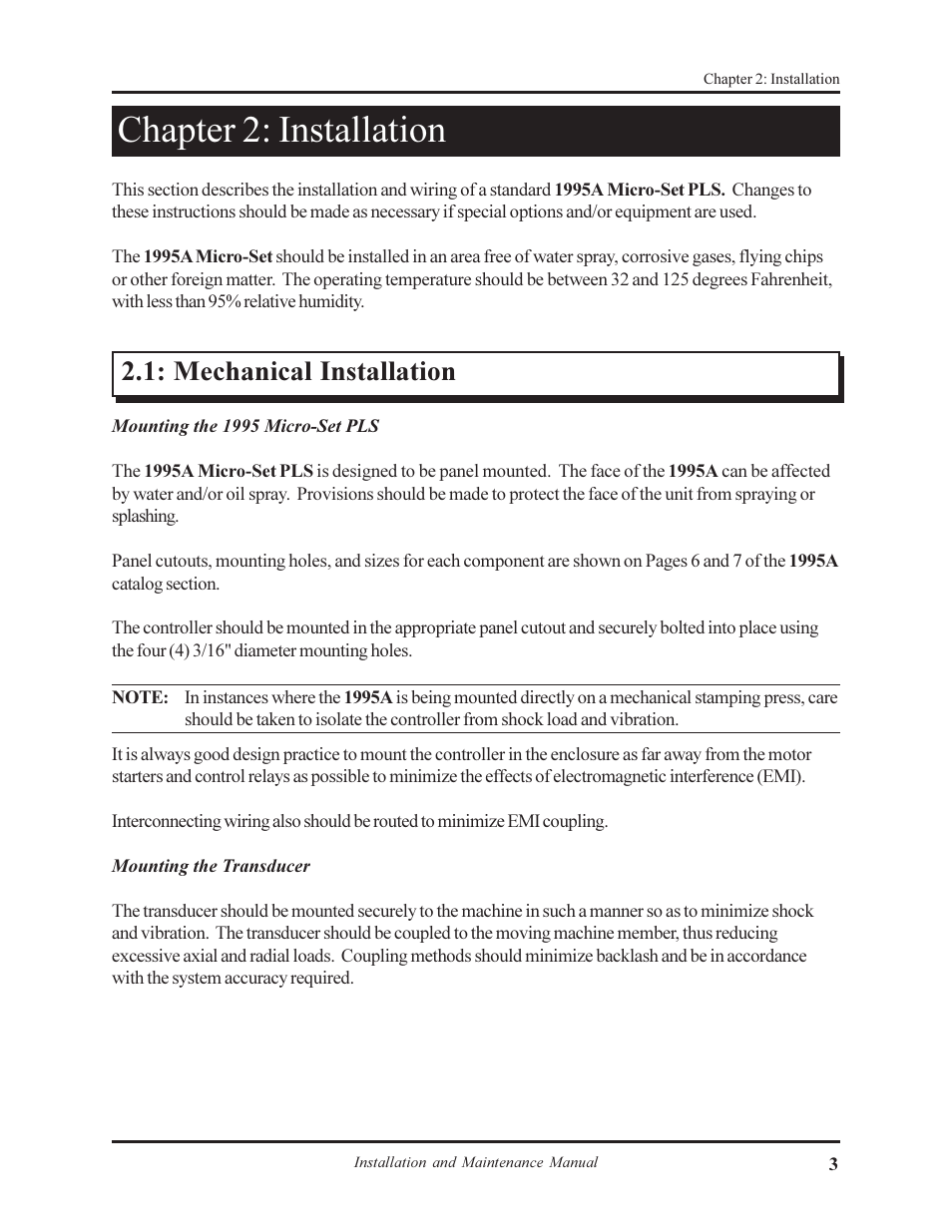 Chapter 2: installation, Mechanical installation | AMETEK 1995A Micro-Set PLS User Manual | Page 7 / 38