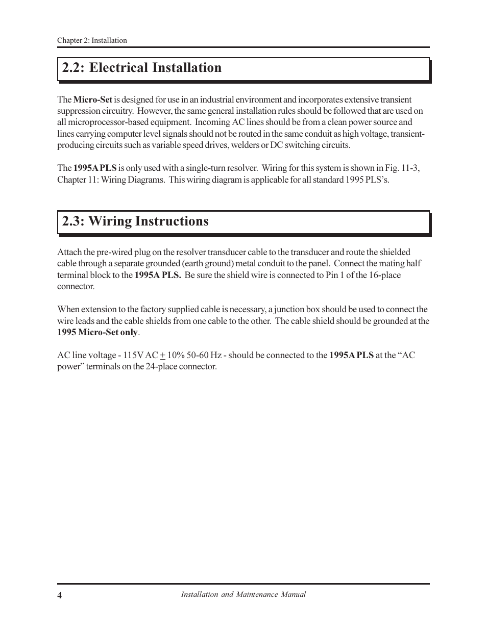 Electrical installation, Wiring instructions | AMETEK 1995A Micro-Set PLS User Manual | Page 8 / 38