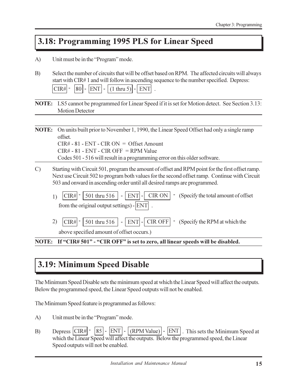 Programming 1995 pls for linear speed, Minimum speed disable | AMETEK 1995B Micro-Set PLS with Brake Monitor User Manual | Page 19 / 40
