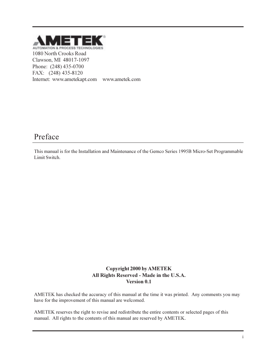 Preface | AMETEK 1995B Micro-Set PLS with Brake Monitor User Manual | Page 2 / 40