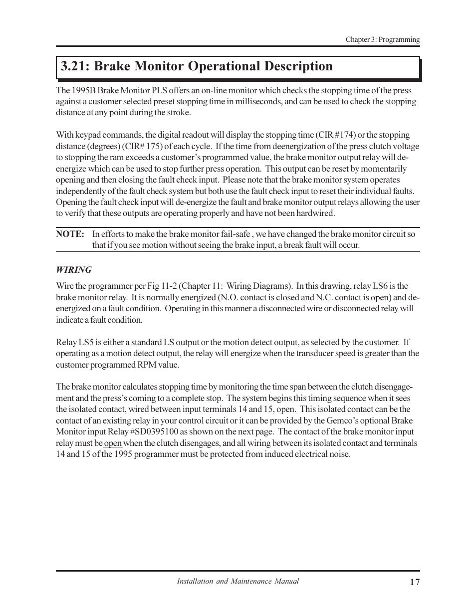 Brake monitor operational description | AMETEK 1995B Micro-Set PLS with Brake Monitor User Manual | Page 21 / 40