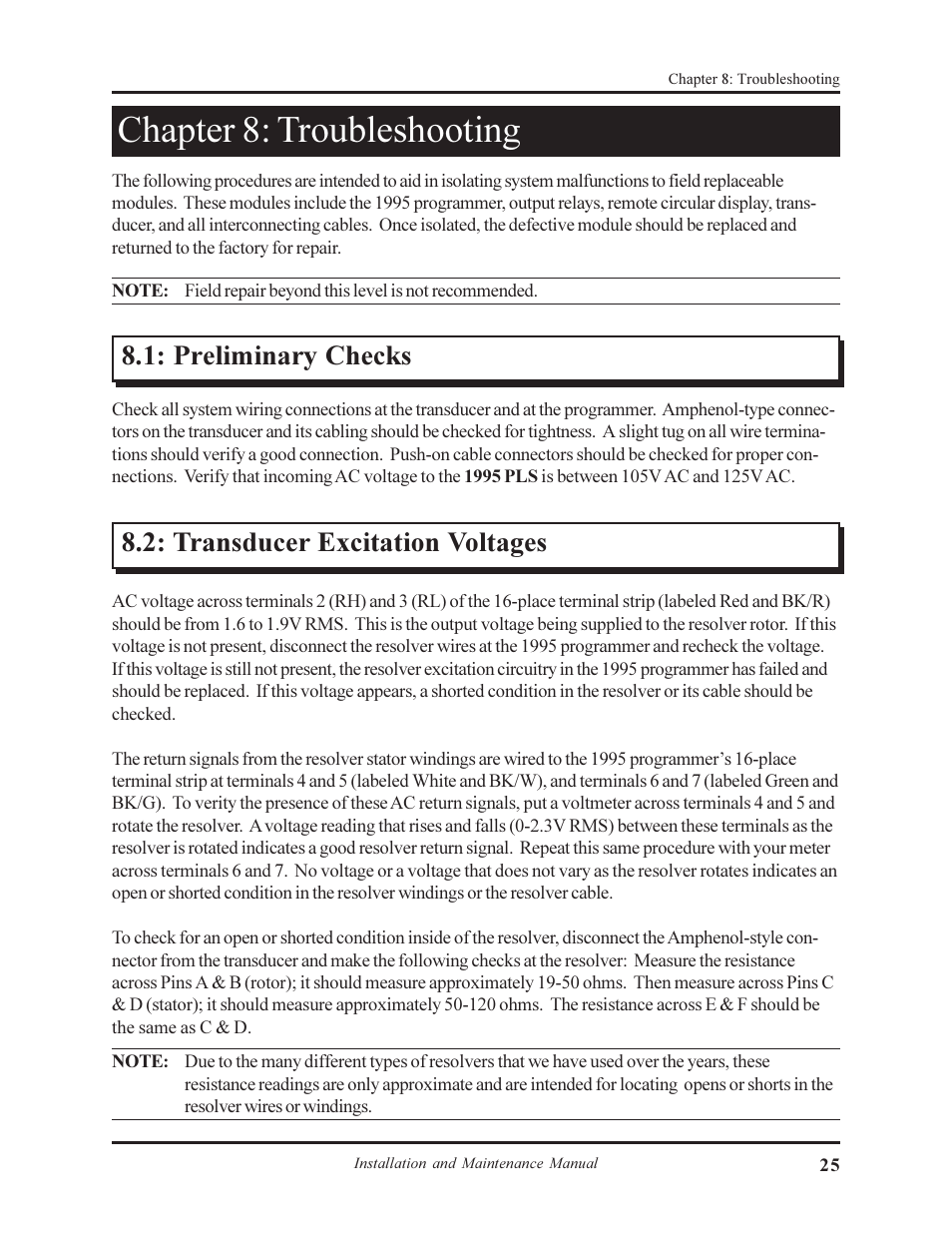 Chapter 8: troubleshooting, Preliminary checks, Transducer excitation voltages | AMETEK 1995B Micro-Set PLS with Brake Monitor User Manual | Page 29 / 40