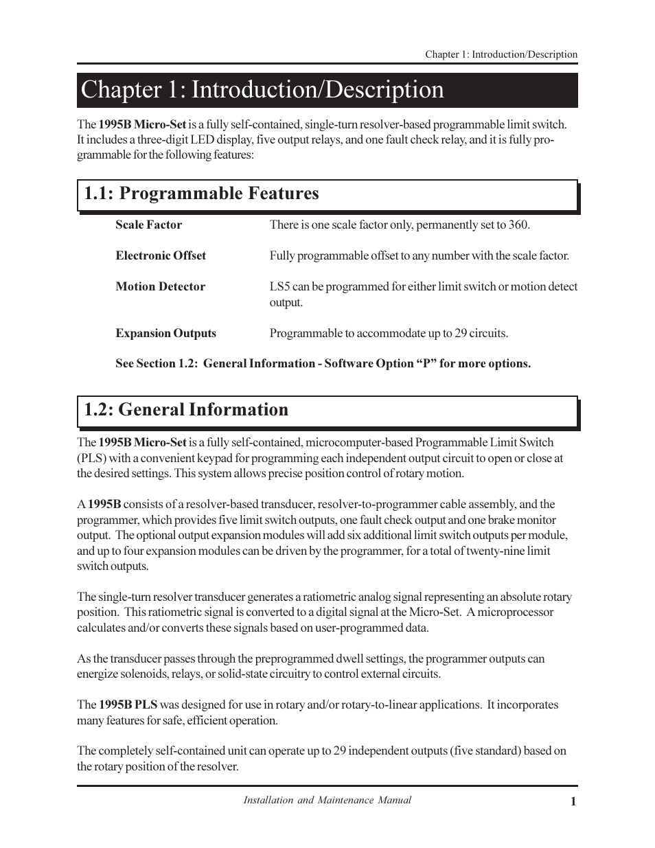 Chapter 1: introduction/description, Programmable features 1.2: general information | AMETEK 1995B Micro-Set PLS with Brake Monitor User Manual | Page 5 / 40