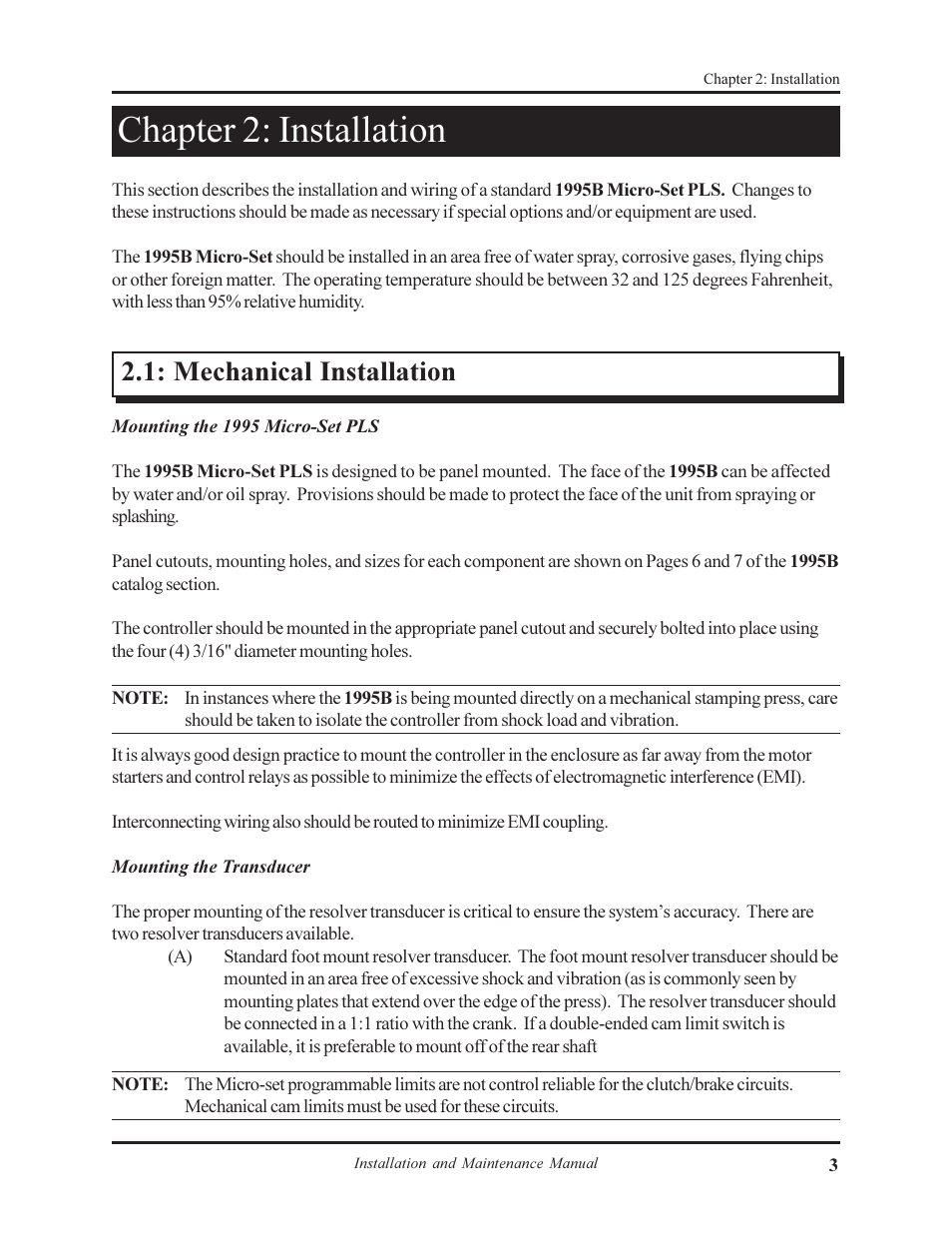 Chapter 2: installation, Mechanical installation | AMETEK 1995B Micro-Set PLS with Brake Monitor User Manual | Page 7 / 40