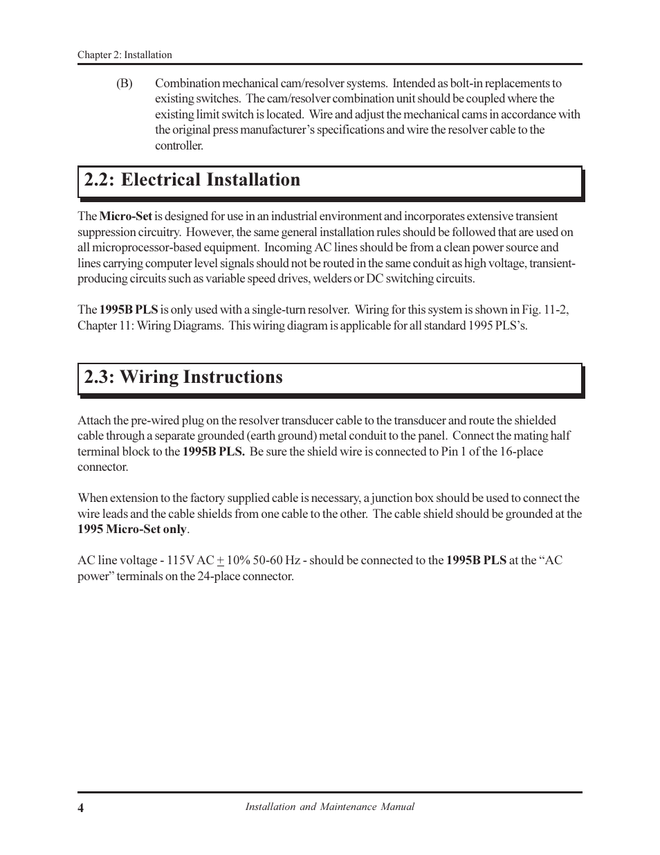 Electrical installation, Wiring instructions | AMETEK 1995B Micro-Set PLS with Brake Monitor User Manual | Page 8 / 40