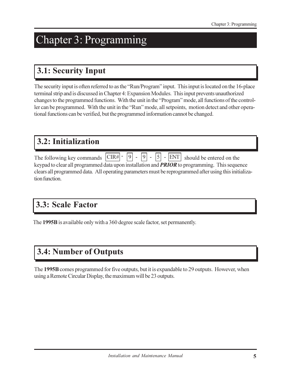 Chapter 3: programming, Security input, Initialization | Scale factor, Number of outputs | AMETEK 1995B Micro-Set PLS with Brake Monitor User Manual | Page 9 / 40