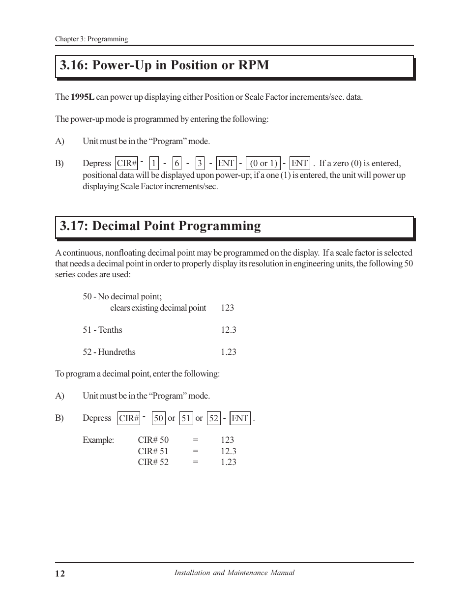 Power-up in position or rpm, Decimal point programming | AMETEK 1995L Micro-Set PLS User Manual | Page 16 / 33