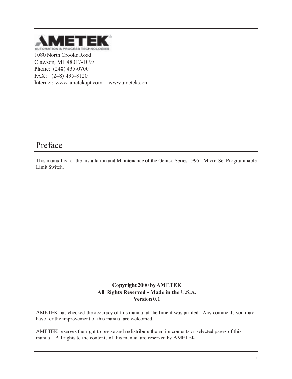 Preface | AMETEK 1995L Micro-Set PLS User Manual | Page 2 / 33