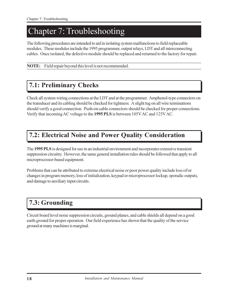 Chapter 7: troubleshooting, Preliminary checks | AMETEK 1995L Micro-Set PLS User Manual | Page 22 / 33