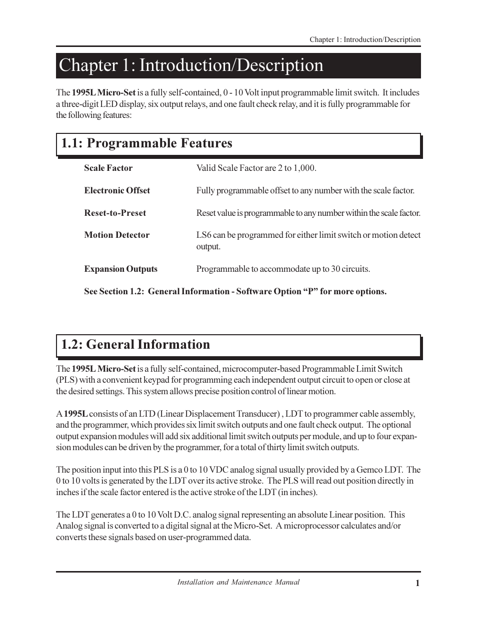 Chapter 1: introduction/description, Programmable features 1.2: general information | AMETEK 1995L Micro-Set PLS User Manual | Page 5 / 33