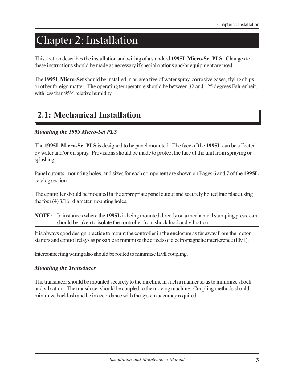 Chapter 2: installation, Mechanical installation | AMETEK 1995L Micro-Set PLS User Manual | Page 7 / 33