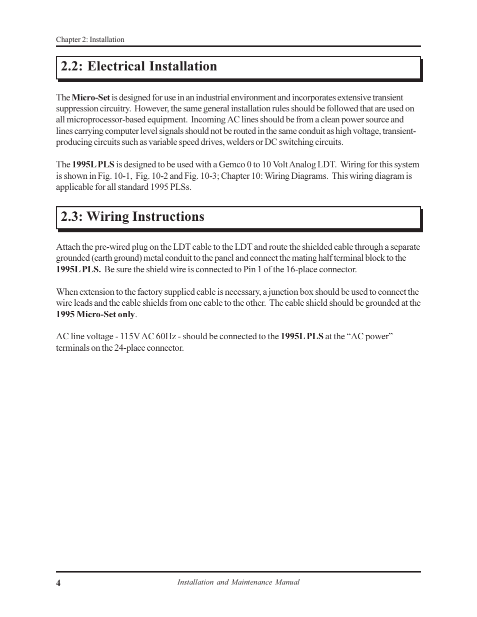 Electrical installation, Wiring instructions | AMETEK 1995L Micro-Set PLS User Manual | Page 8 / 33