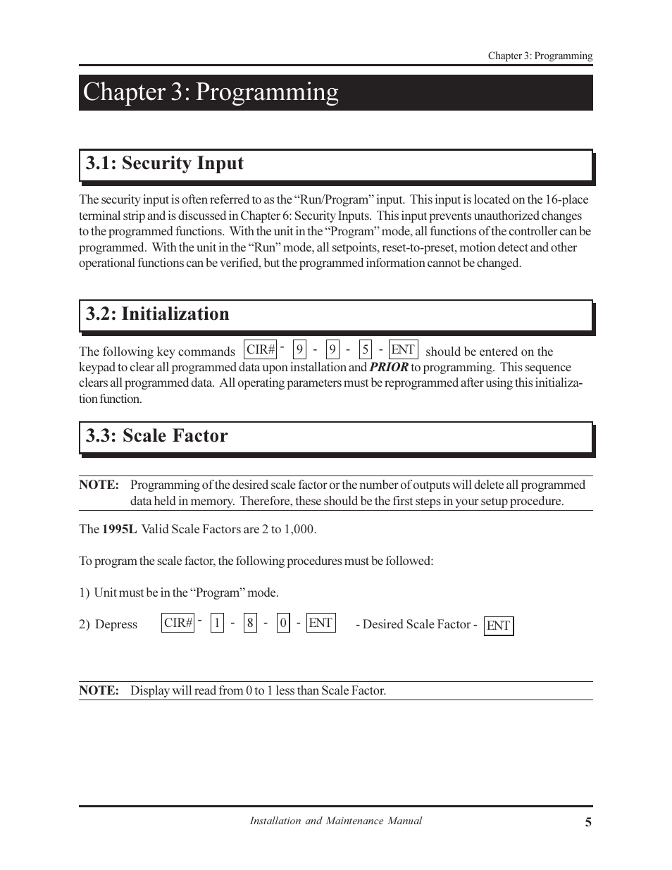 Chapter 3: programming, Security input, Initialization | Scale factor | AMETEK 1995L Micro-Set PLS User Manual | Page 9 / 33