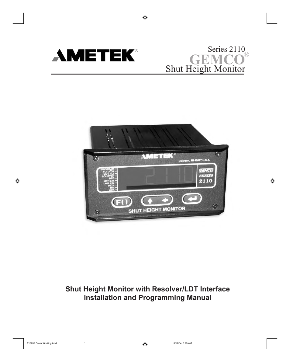 AMETEK 2110 Shut Height Monitor User Manual | 59 pages