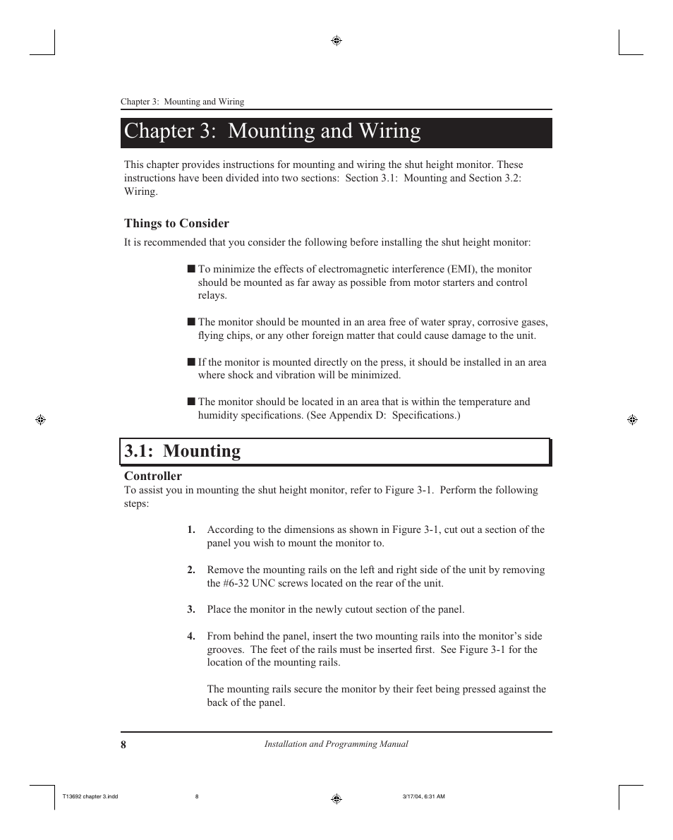 Chapter 3: mounting and wiring, Mounting | AMETEK 2110 Shut Height Monitor User Manual | Page 12 / 59