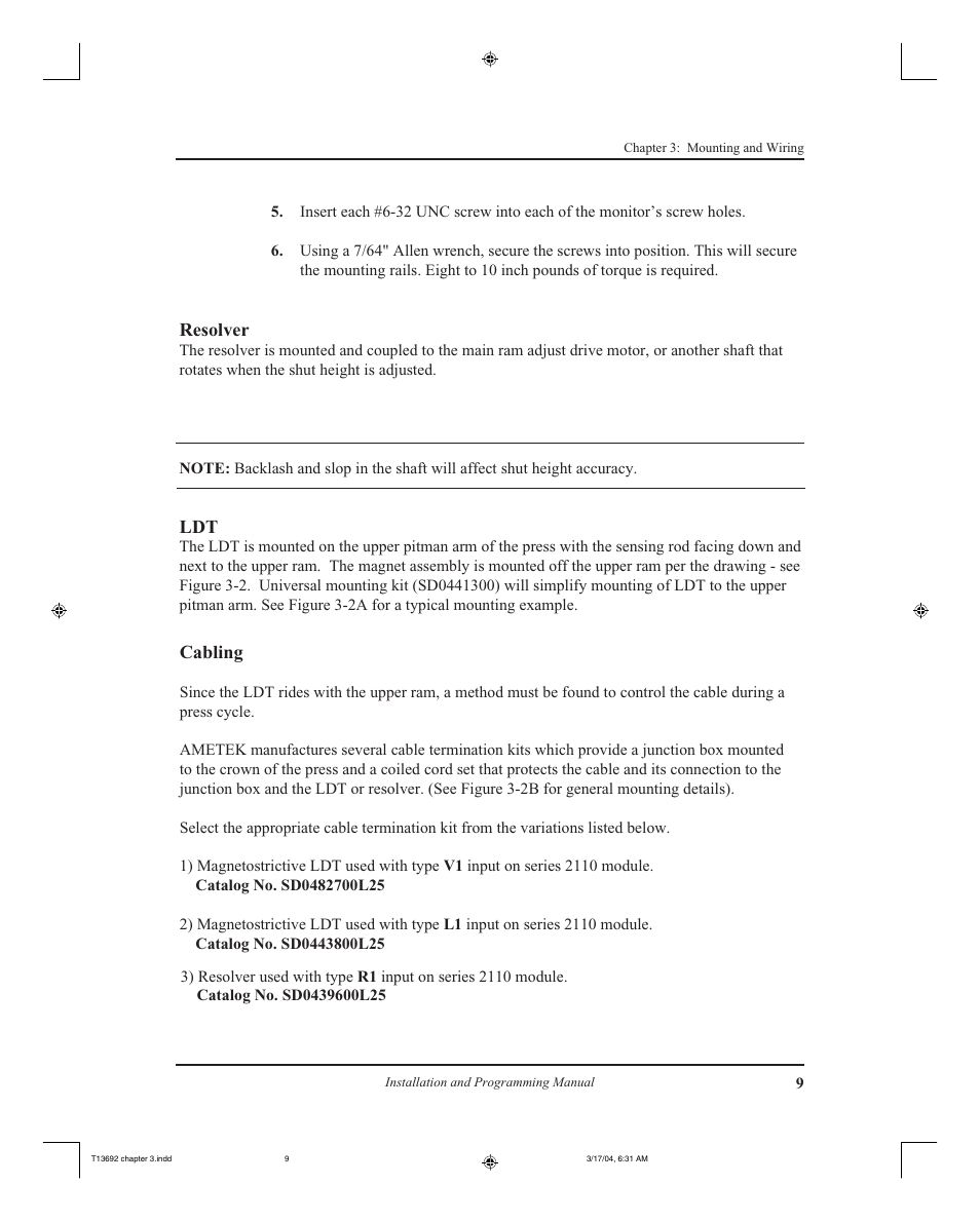 Resolver, Cabling | AMETEK 2110 Shut Height Monitor User Manual | Page 13 / 59