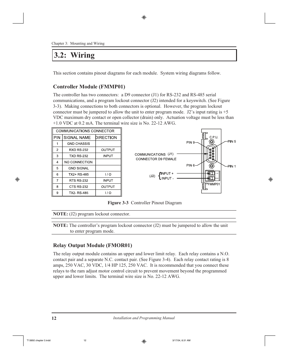 Wiring, Controller module (fmmp01), Relay output module (fmor01) | AMETEK 2110 Shut Height Monitor User Manual | Page 16 / 59