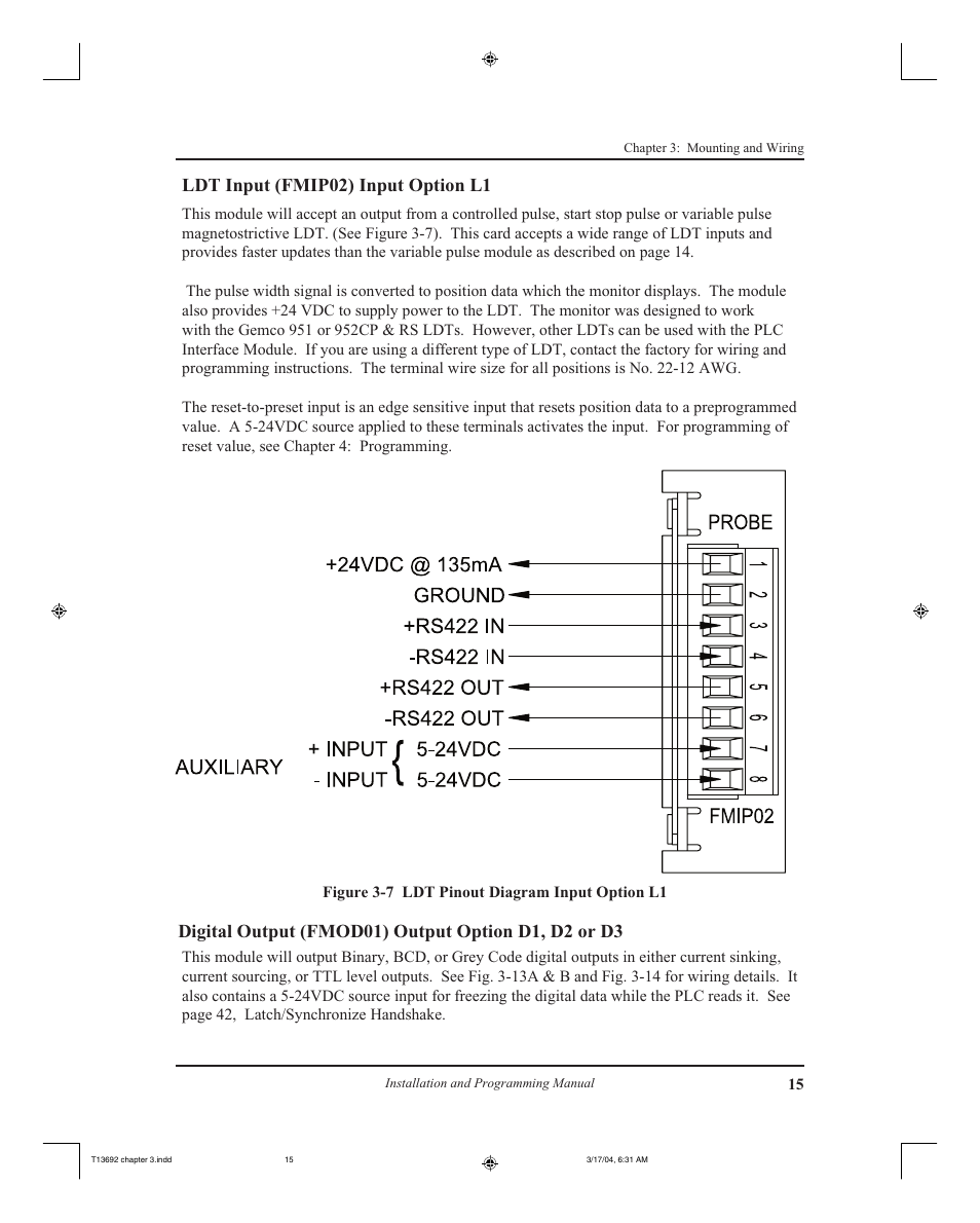 Ldt input (fmip02) input option l1 | AMETEK 2110 Shut Height Monitor User Manual | Page 19 / 59