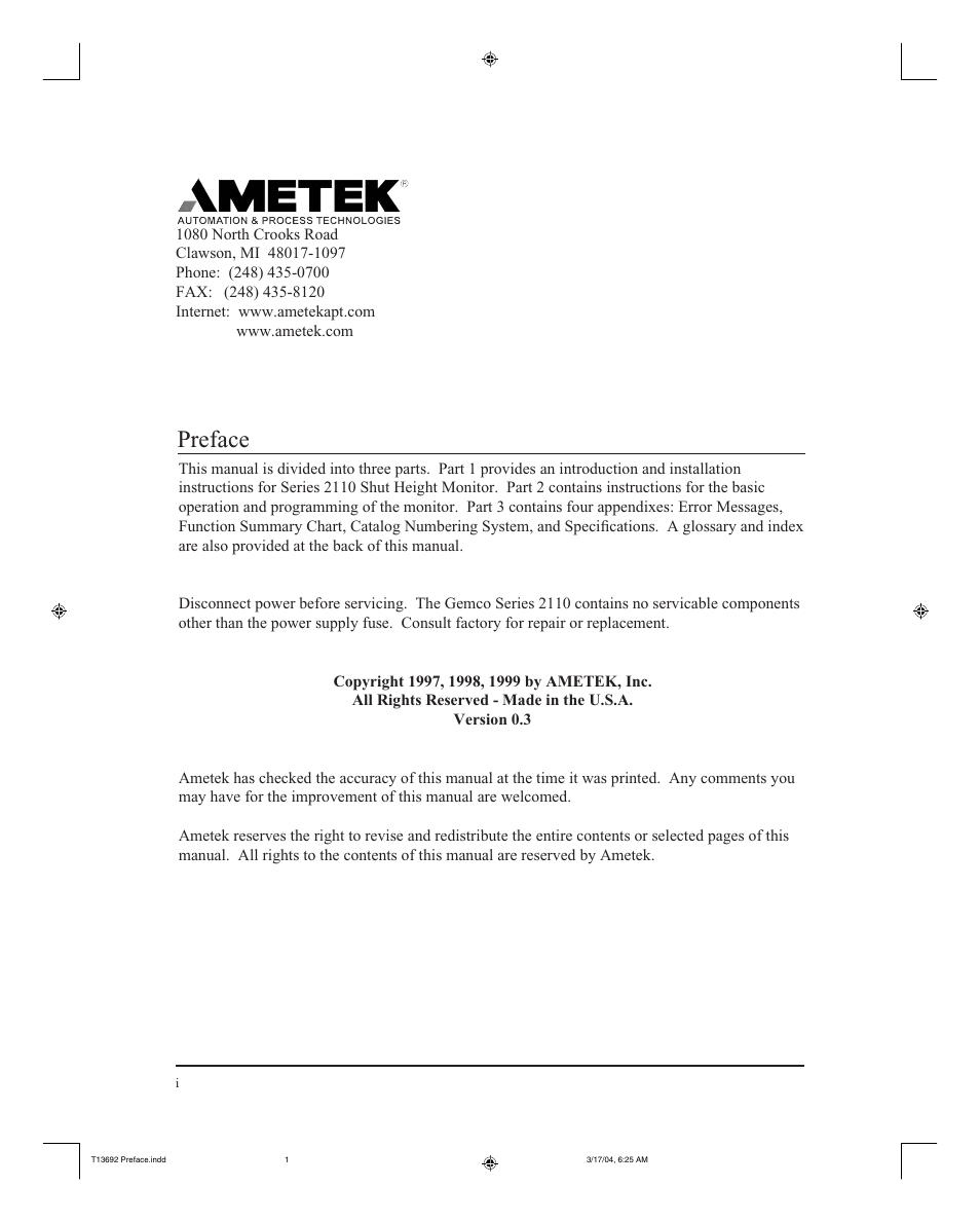 Preface | AMETEK 2110 Shut Height Monitor User Manual | Page 2 / 59