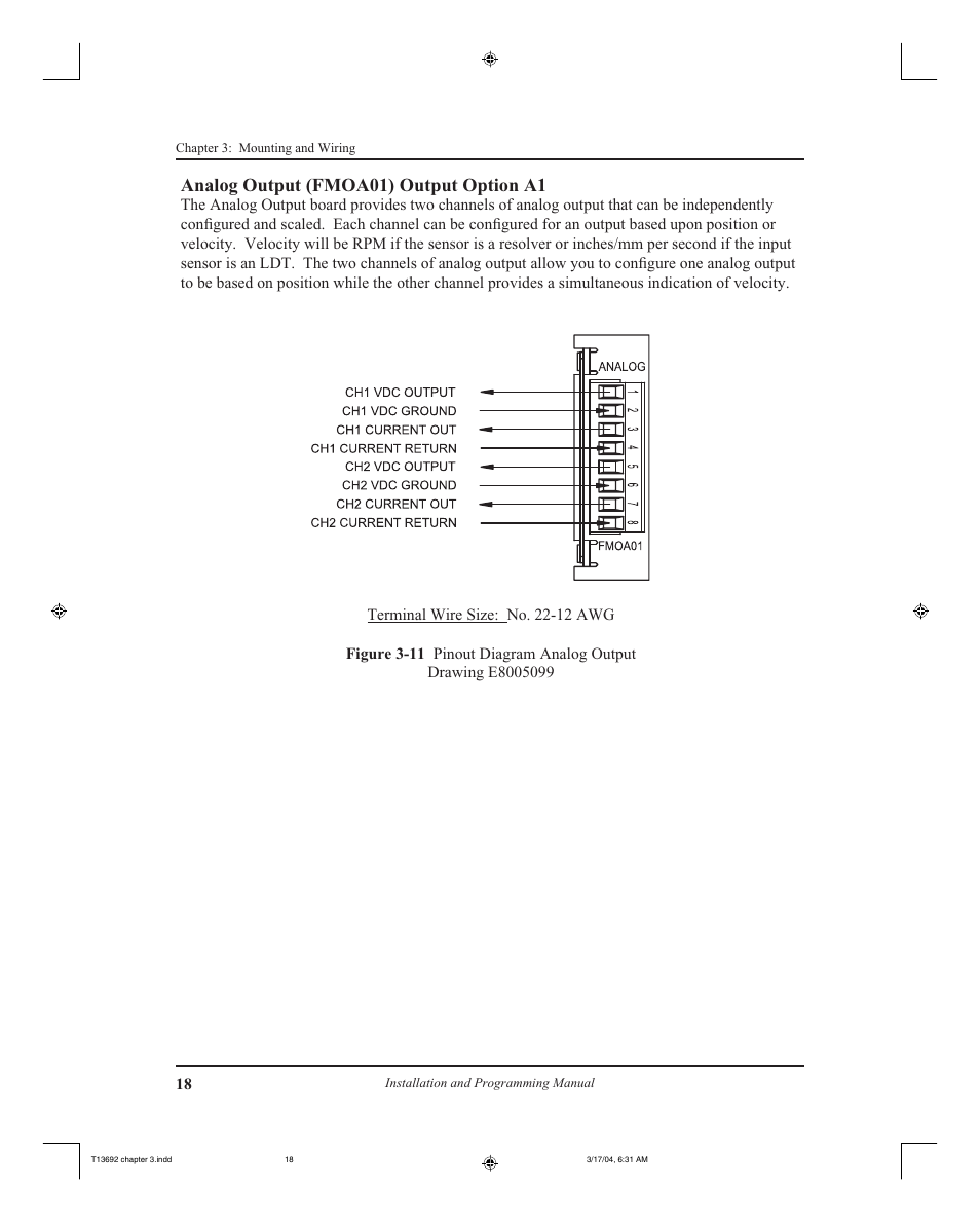 Analog output (fmoa01) output option a1 | AMETEK 2110 Shut Height Monitor User Manual | Page 22 / 59