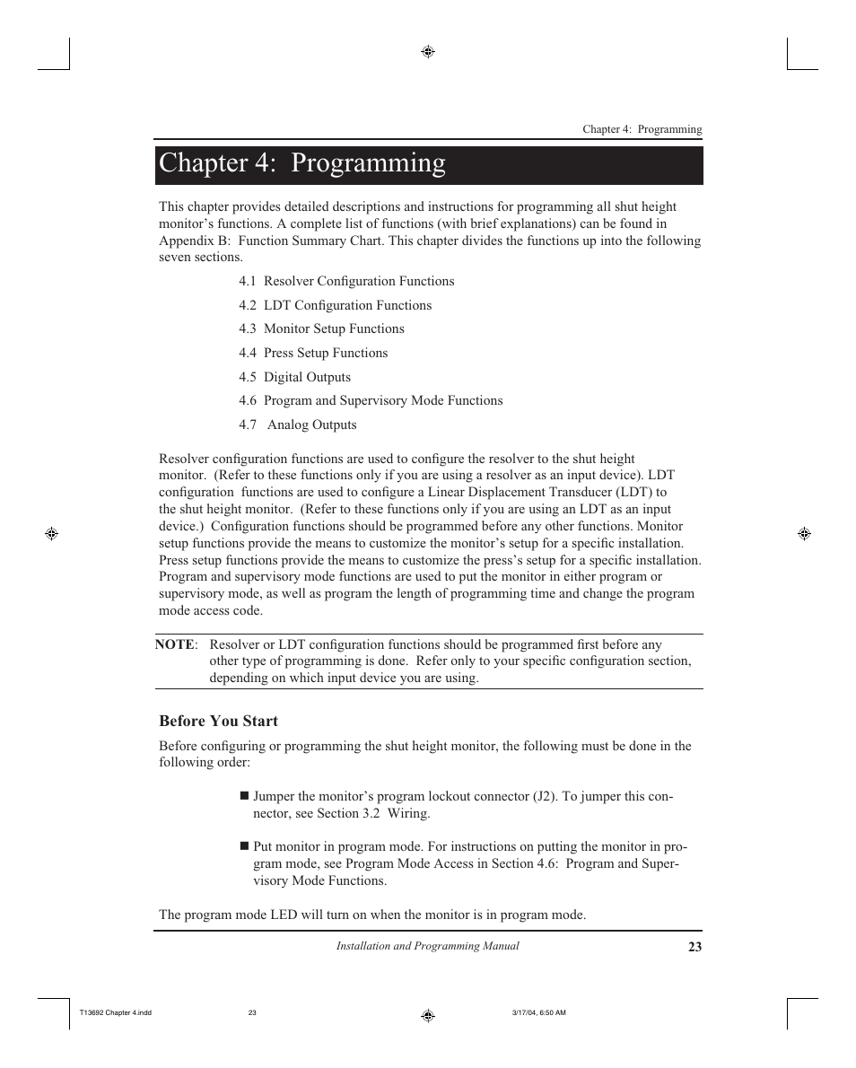 Chapter 4: programming | AMETEK 2110 Shut Height Monitor User Manual | Page 27 / 59