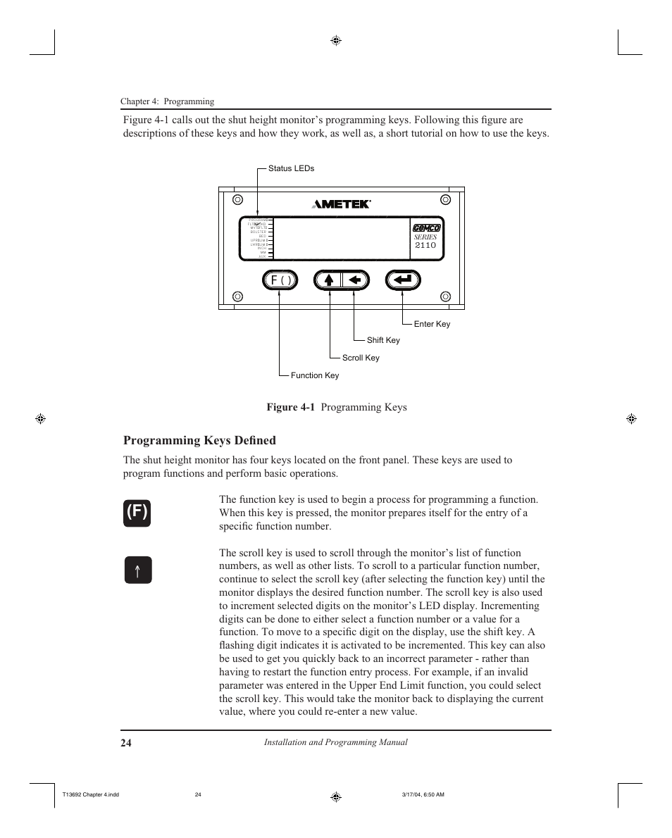 Programming keys defined | AMETEK 2110 Shut Height Monitor User Manual | Page 28 / 59