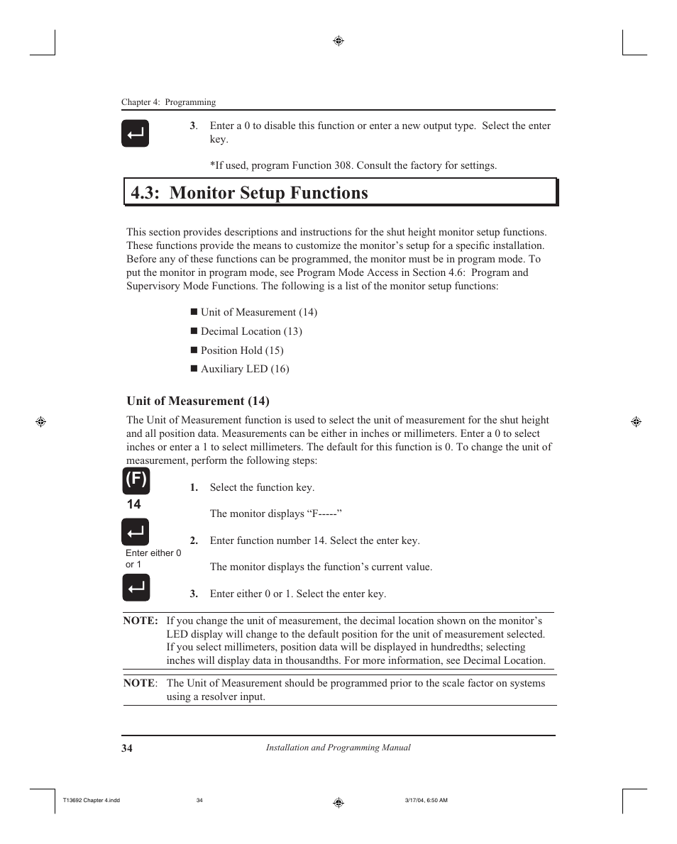 Monitor setup functions | AMETEK 2110 Shut Height Monitor User Manual | Page 38 / 59