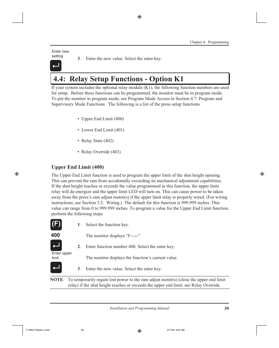 Relay setup functions - option k1 | AMETEK 2110 Shut Height Monitor User Manual | Page 43 / 59