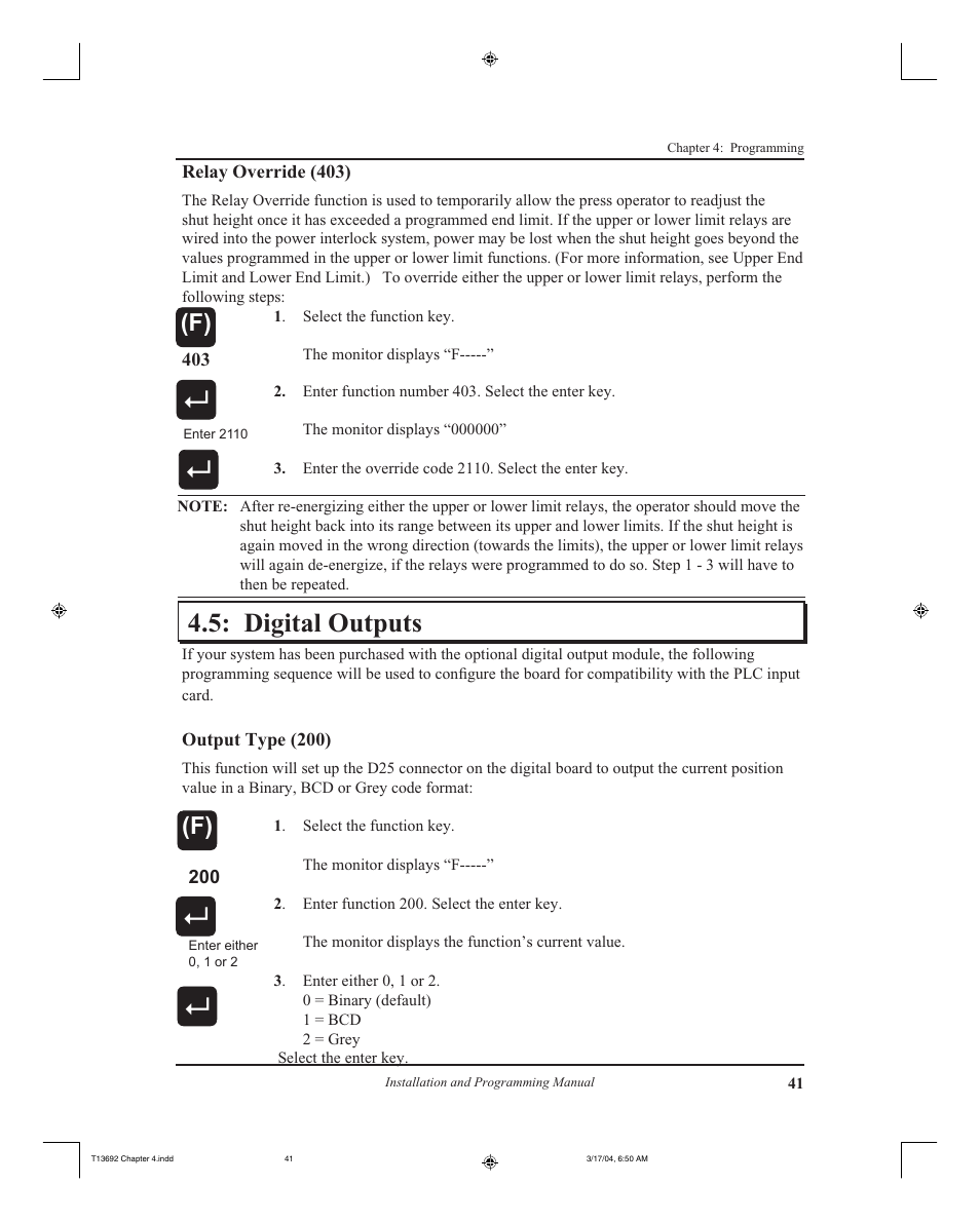 Digital outputs | AMETEK 2110 Shut Height Monitor User Manual | Page 45 / 59