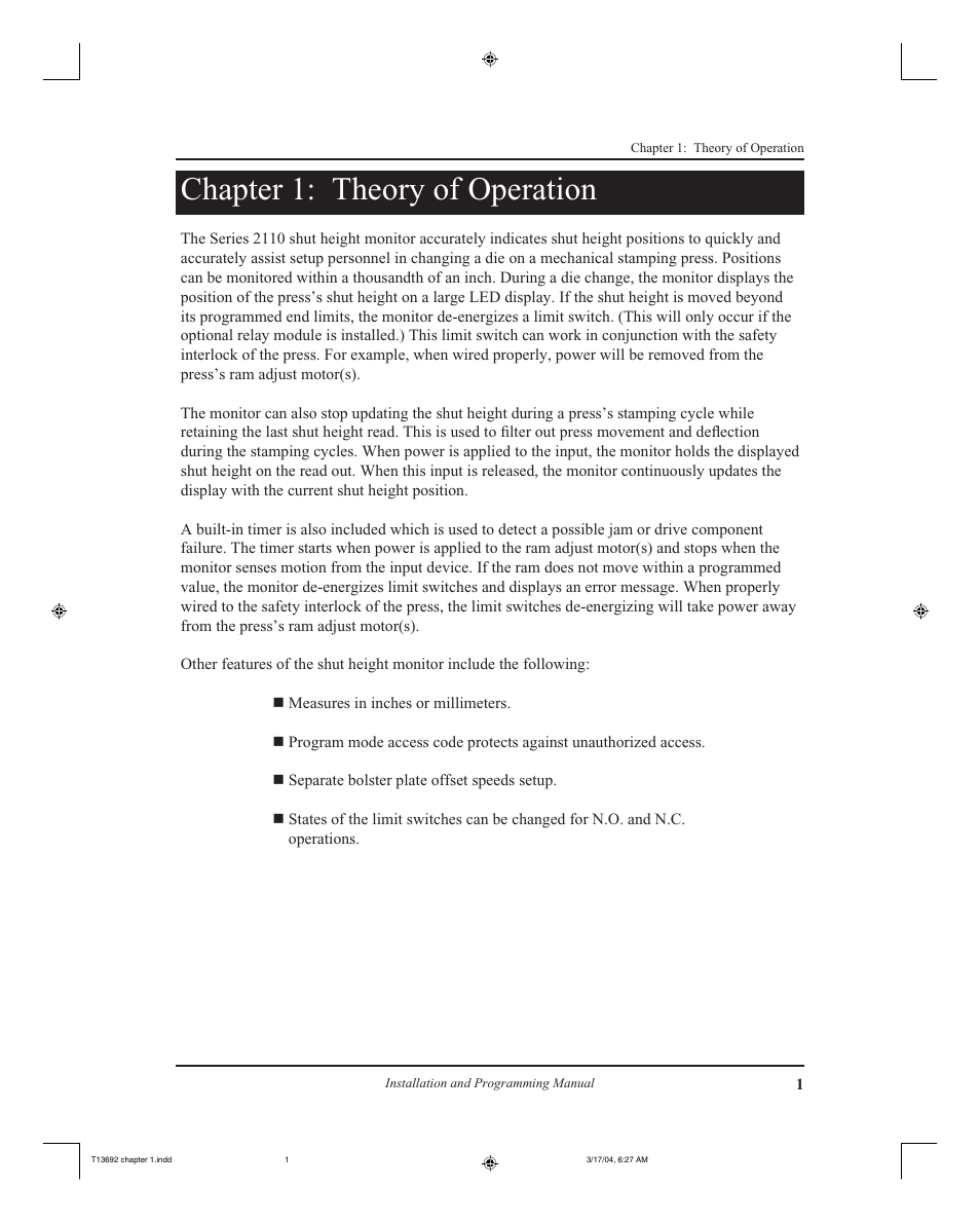 Chapter 1: theory of operation | AMETEK 2110 Shut Height Monitor User Manual | Page 5 / 59