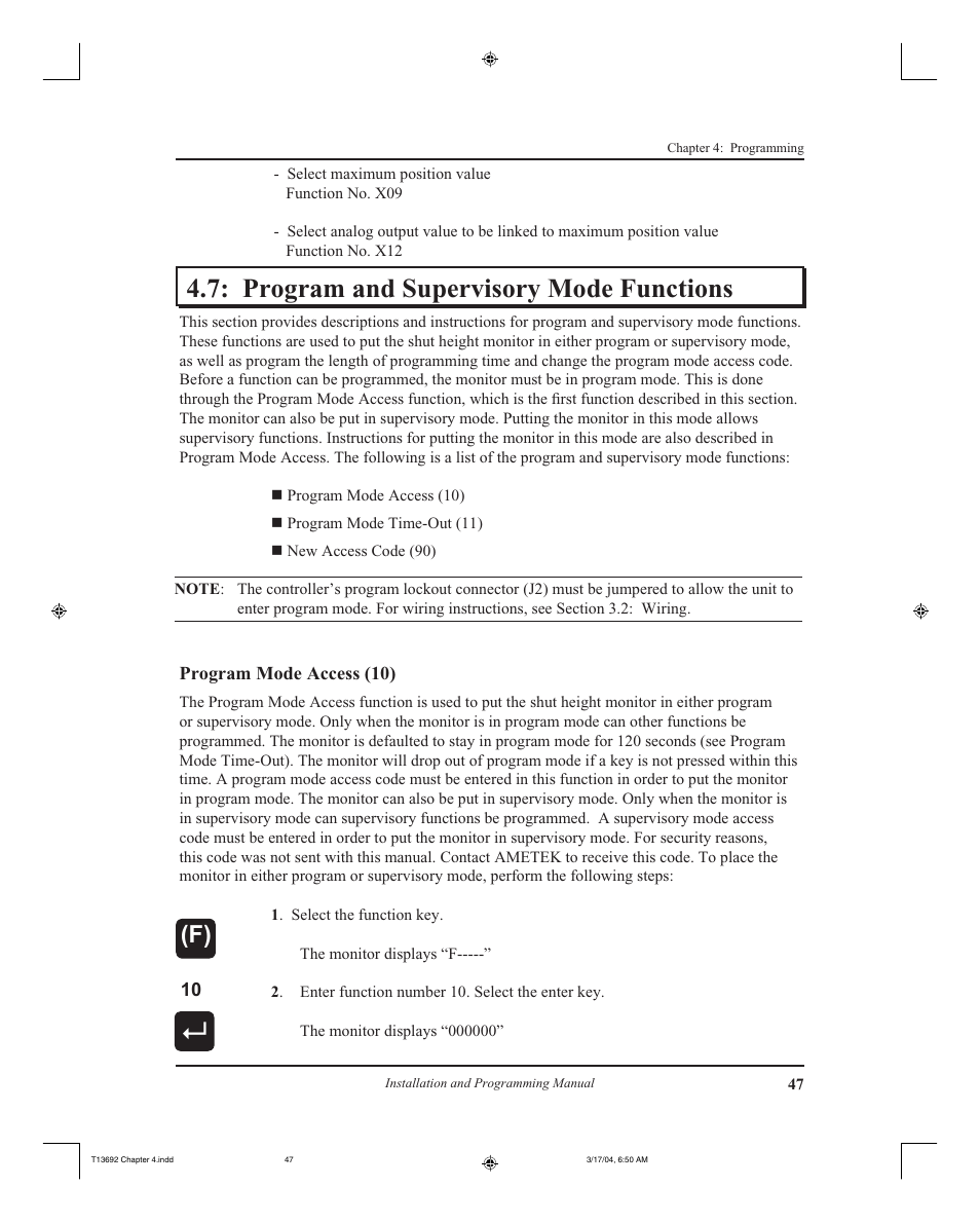 Program and supervisory mode functions | AMETEK 2110 Shut Height Monitor User Manual | Page 51 / 59