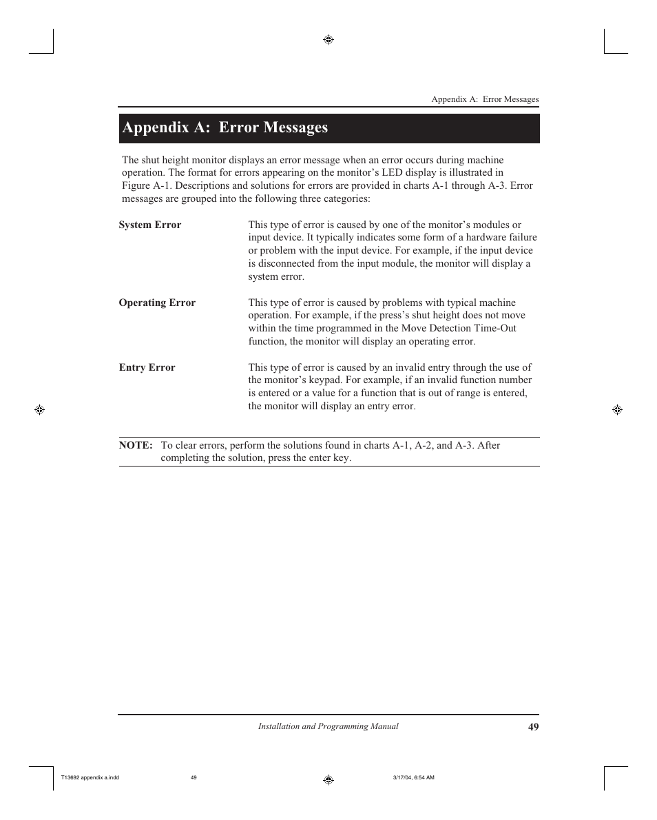 Appendix a: error messages | AMETEK 2110 Shut Height Monitor User Manual | Page 53 / 59