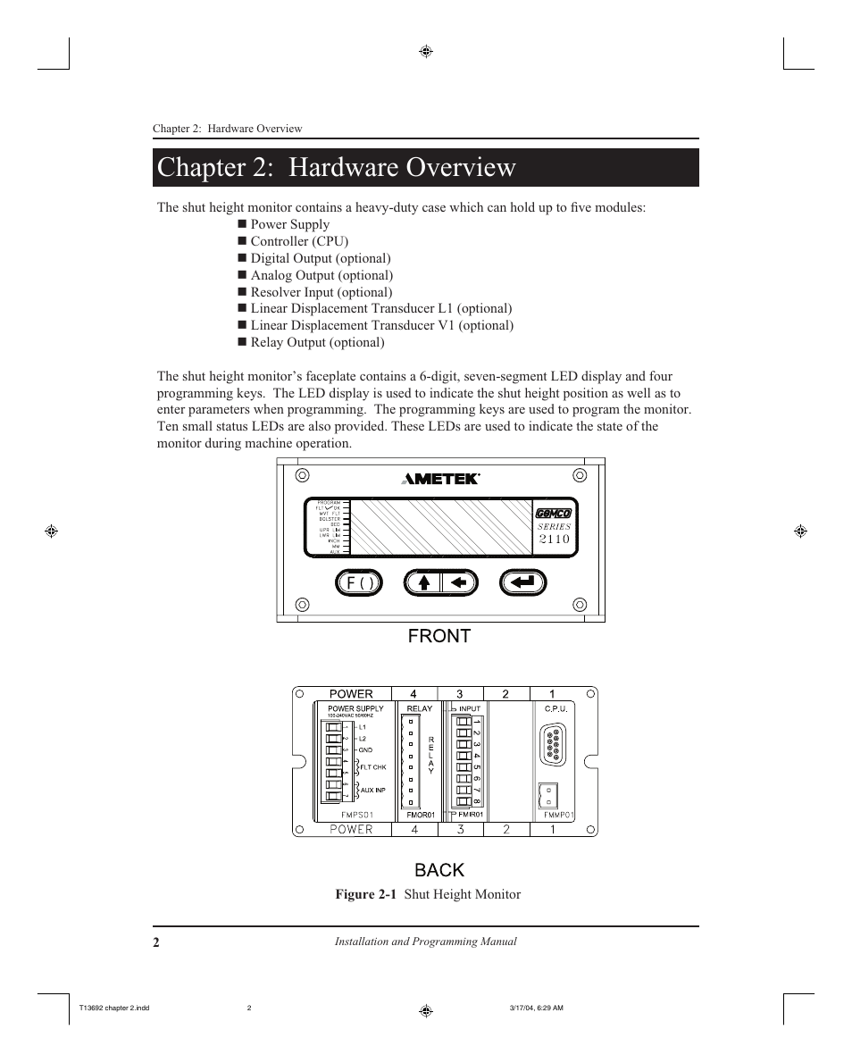 Chapter 2: hardware overview | AMETEK 2110 Shut Height Monitor User Manual | Page 6 / 59