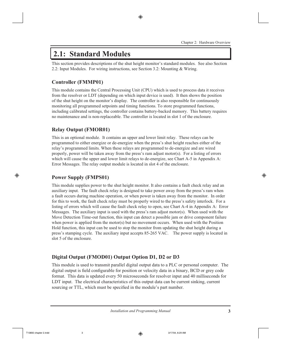 Standard modules, Controller (fmmp01), Relay output (fmor01) | Power supply (fmps01) | AMETEK 2110 Shut Height Monitor User Manual | Page 7 / 59